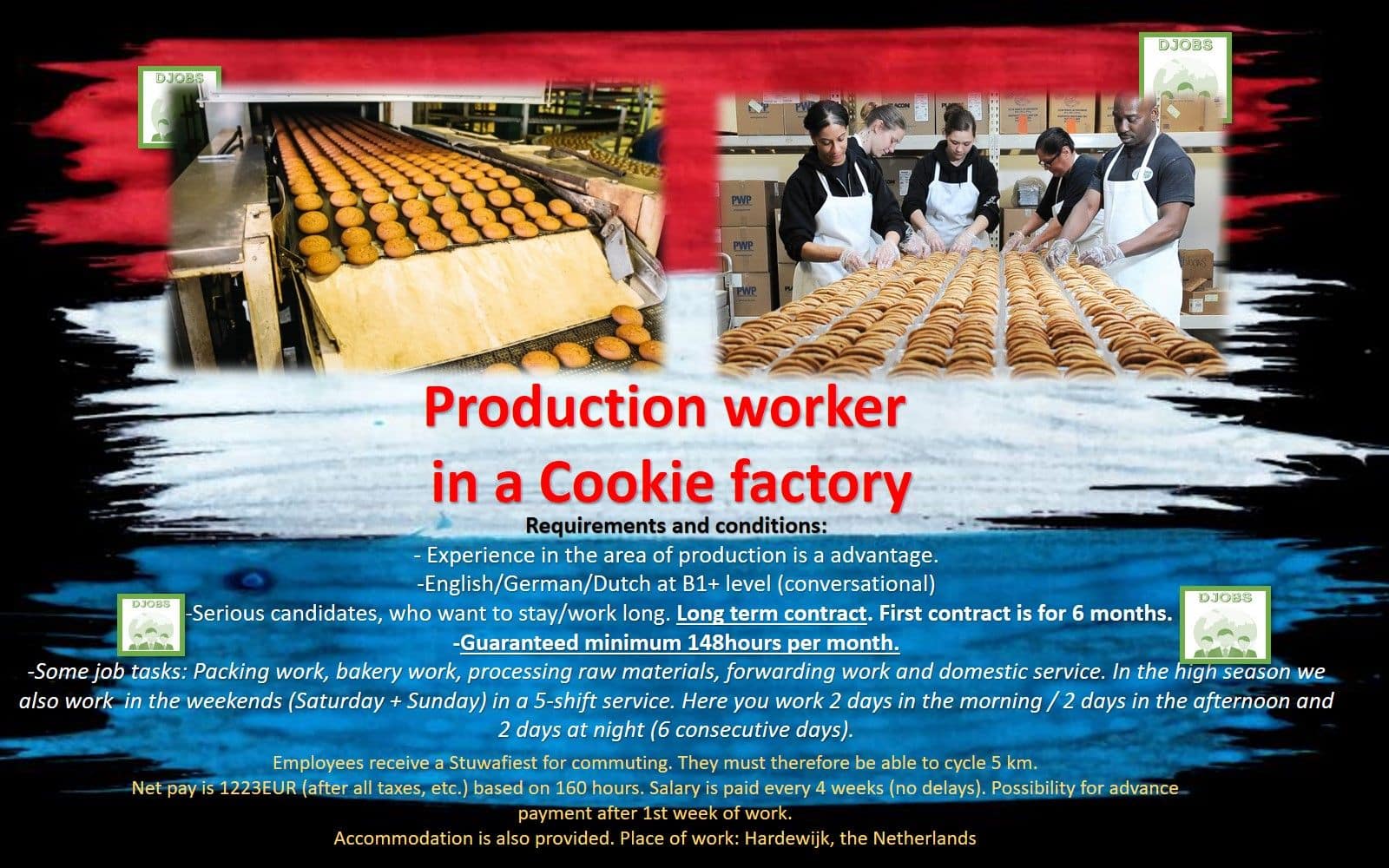 General production worker cookie factory, general worker, job, work Holland, Netherlands, Amsterdam, Eindhoven, Hardewijk, Rotterdam, easy job, prod. job, general work